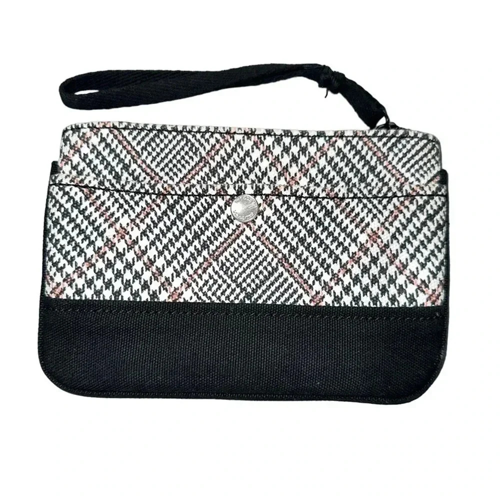 Lands End Wristlet Pouch Small Black White Pink Houndstooth Plaid Canvas Zip